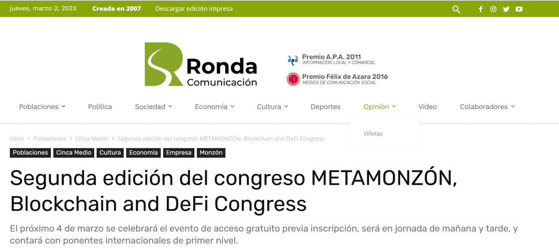 Ronda Somontano - Segunda edición del congreso METAMONZÓN, Blockchain and DeFi Congress